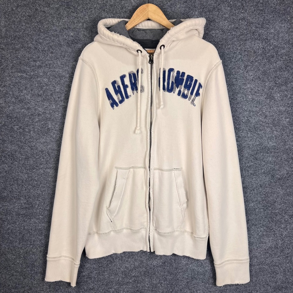 VINTAGE Y2K Abercrombie & Fitch Zip Up Hoodie L Cream Good Distressed Logo Y2K